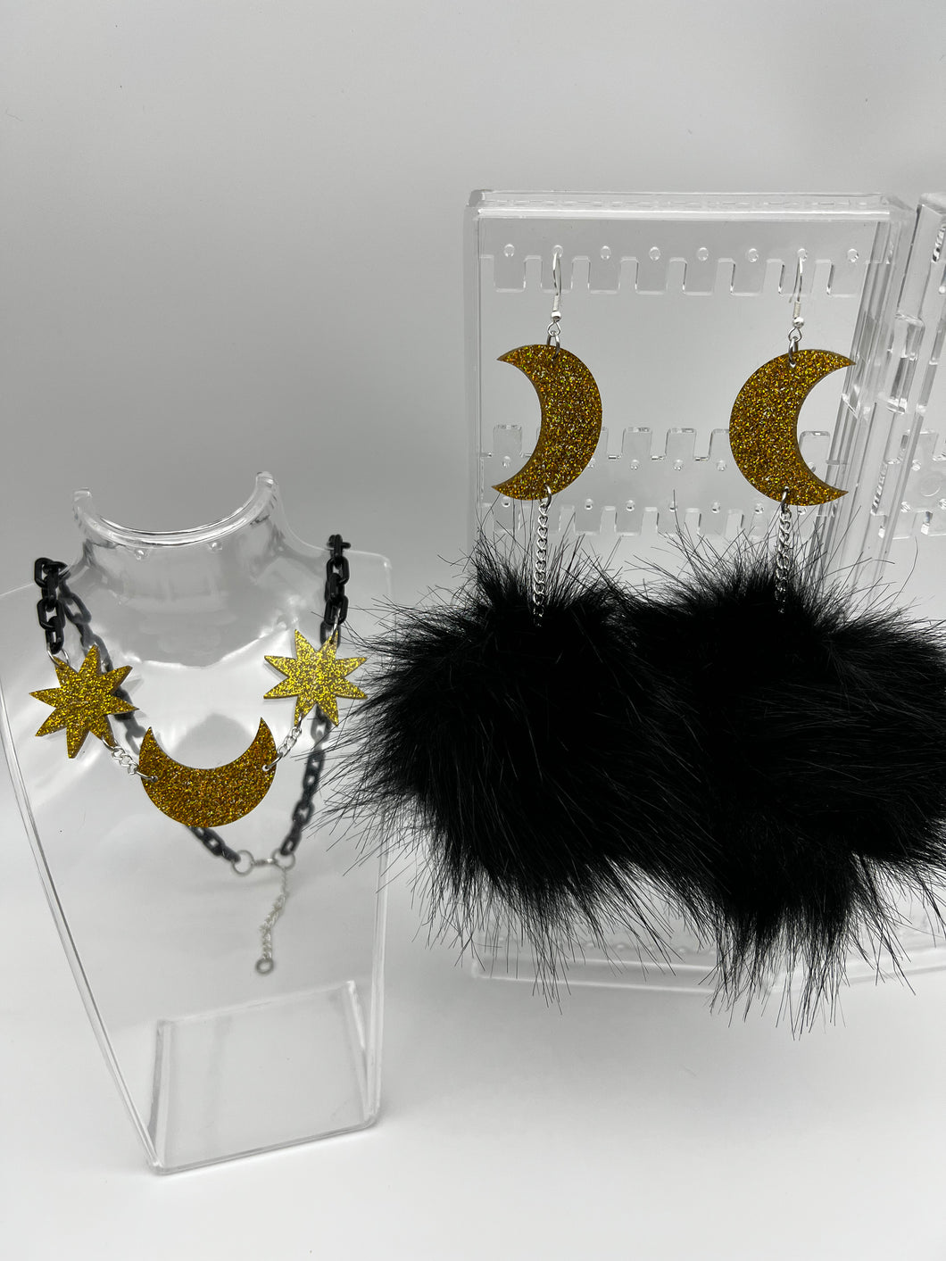 All That Glitters Black and Gold Moon and Star Fluff Earrings and Necklace