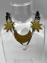 Load image into Gallery viewer, All That Glitters Black and Gold Moon and Star Fluff Earrings and Necklace
