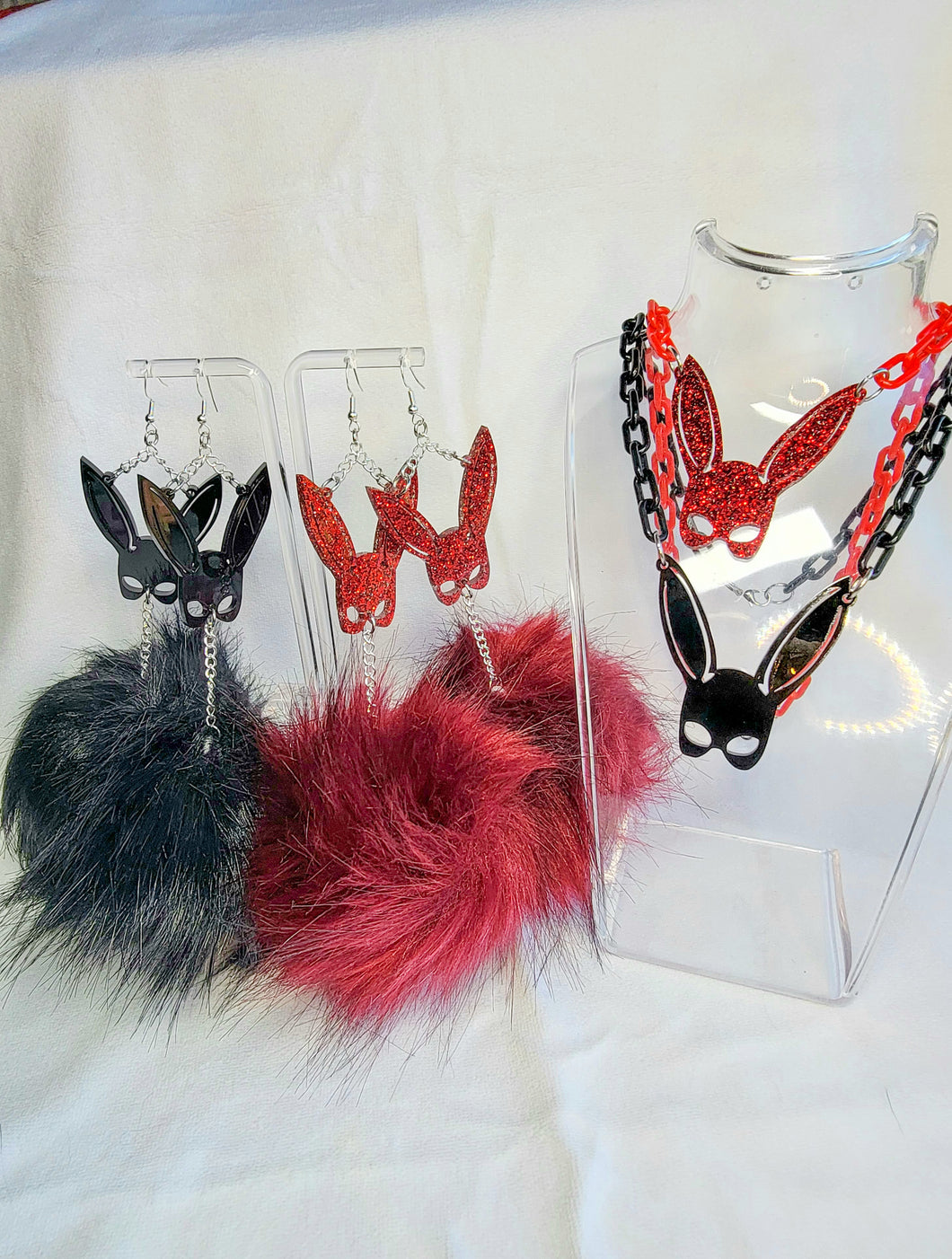Bad Bunny Masquerade Black or Glitter Red Mask Fluff Earrings and Choker