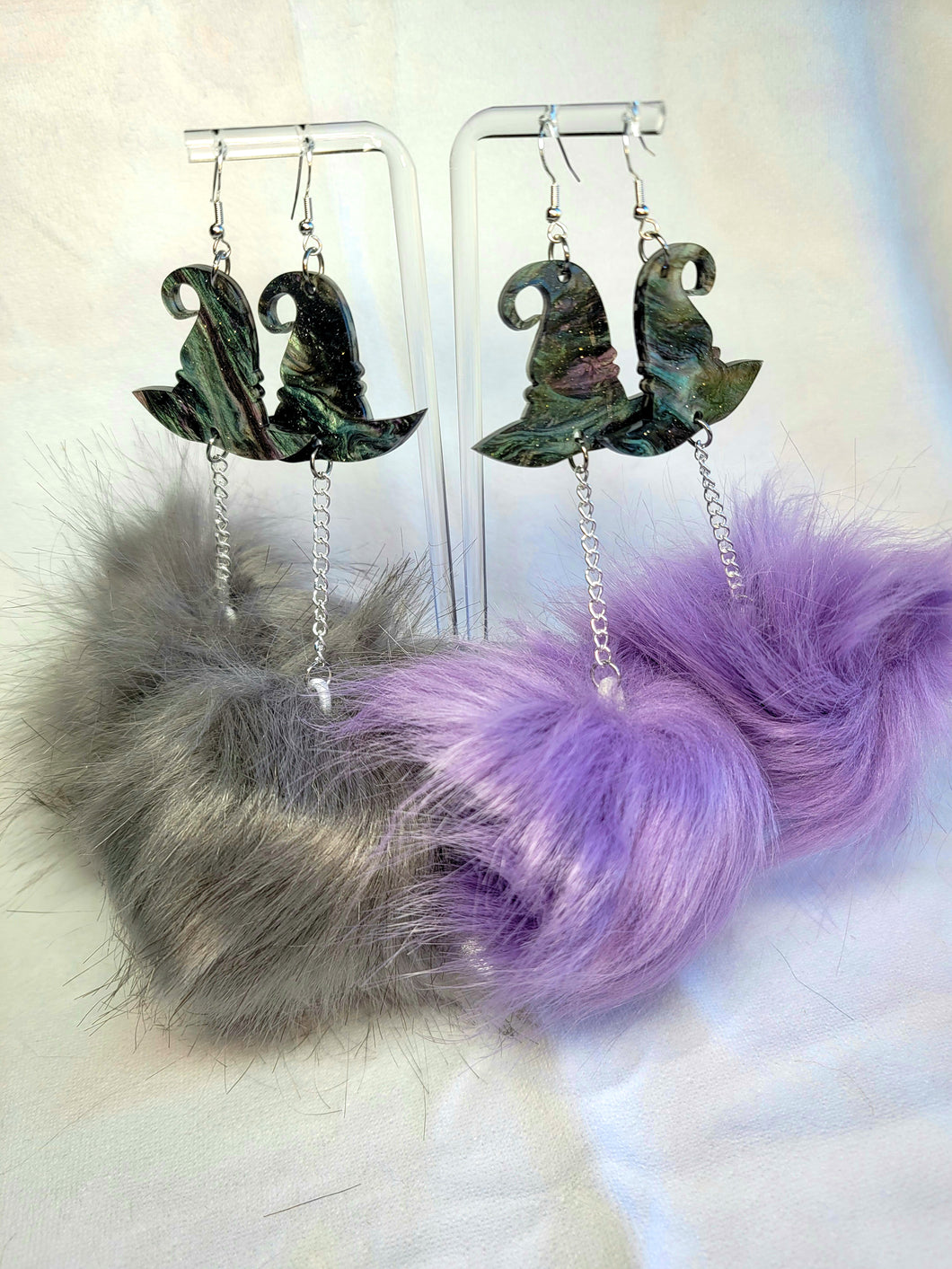 Witching Hour Witch Hat Grey or Purple Fluff Earrings