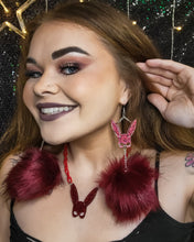 Load image into Gallery viewer, Bad Bunny Masquerade Black or Glitter Red Mask Fluff Earrings and Choker
