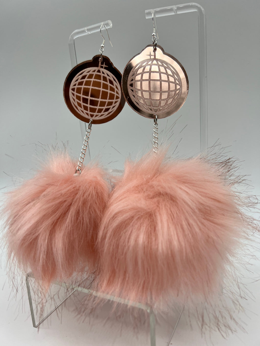Baby Pink Disco Ball Fluff Earrings