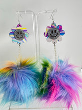 Load image into Gallery viewer, Smiley Daisy Trippy Rainbow Fluff Earrings
