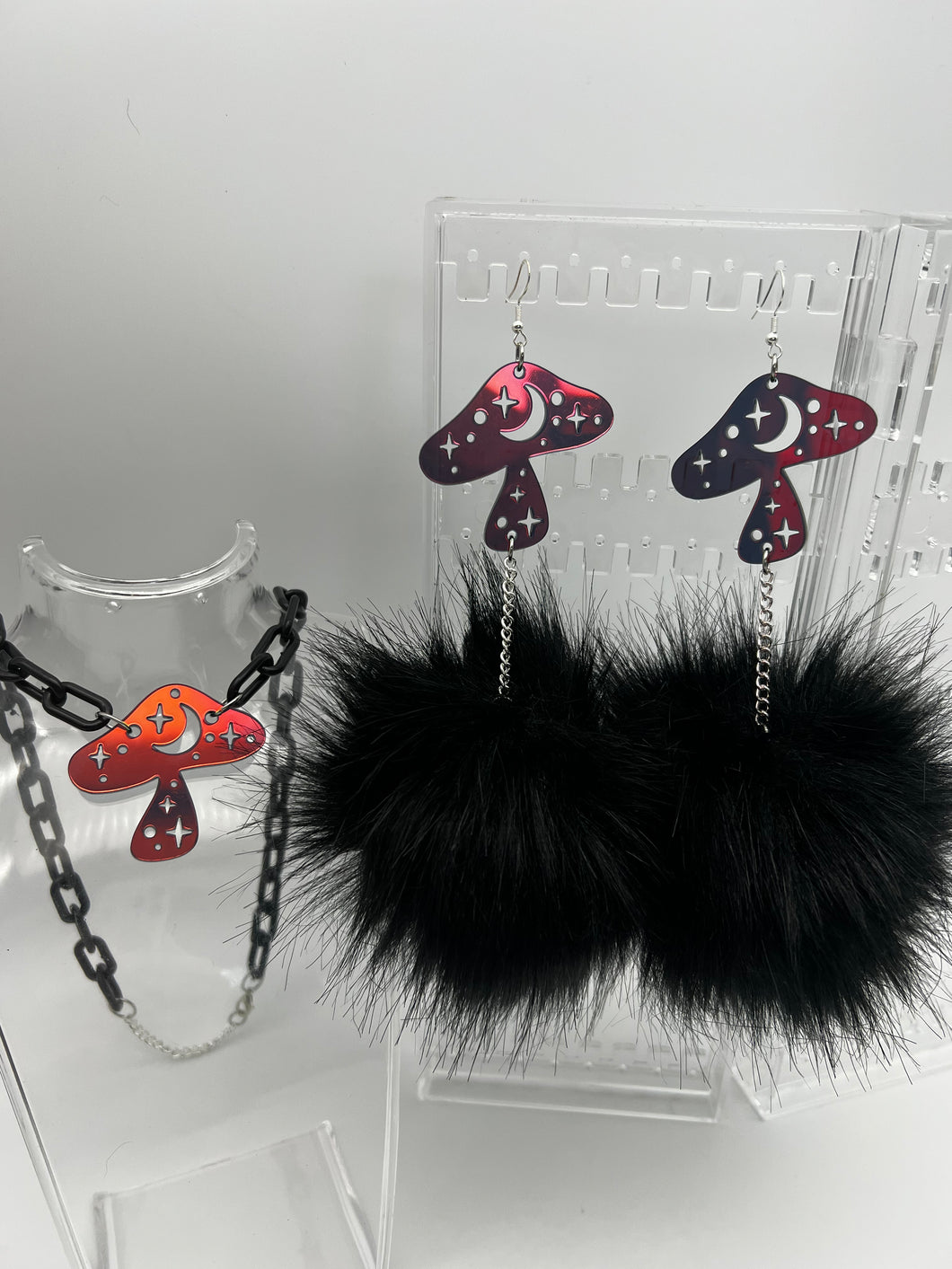 Midnight Mushroom Fluff Earrings and Necklace Set