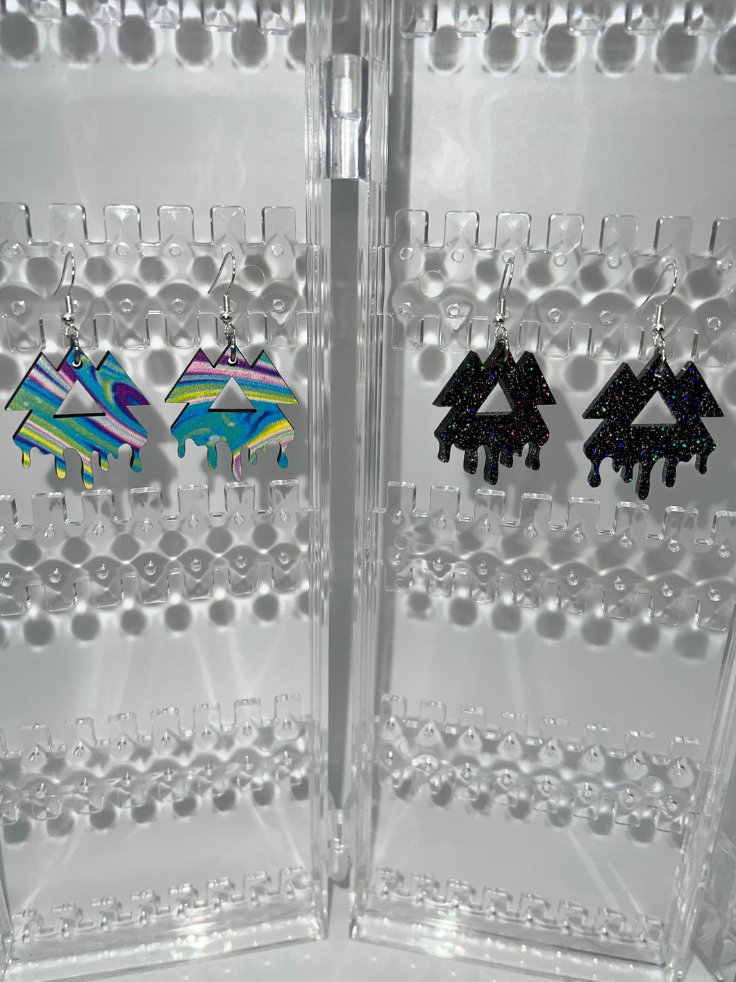 Wakaan Drip MINI Rainbow Acid Trip Earrings and Black Holographic Glitter Earrings