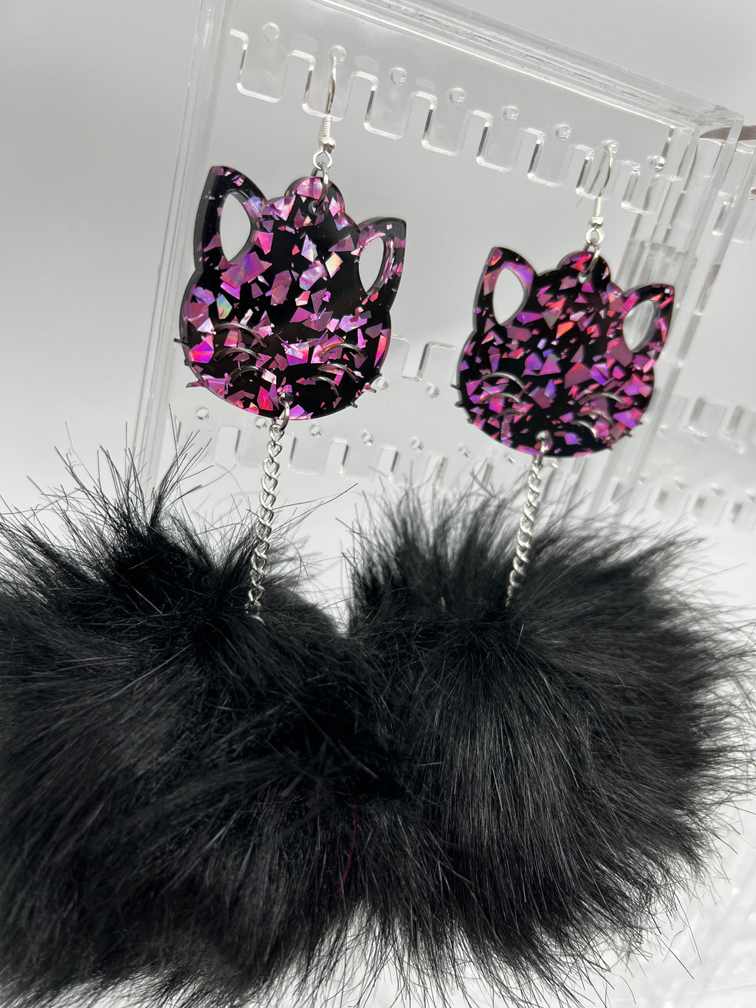 Glitter Kitty Black and Pink Fluff Earrings