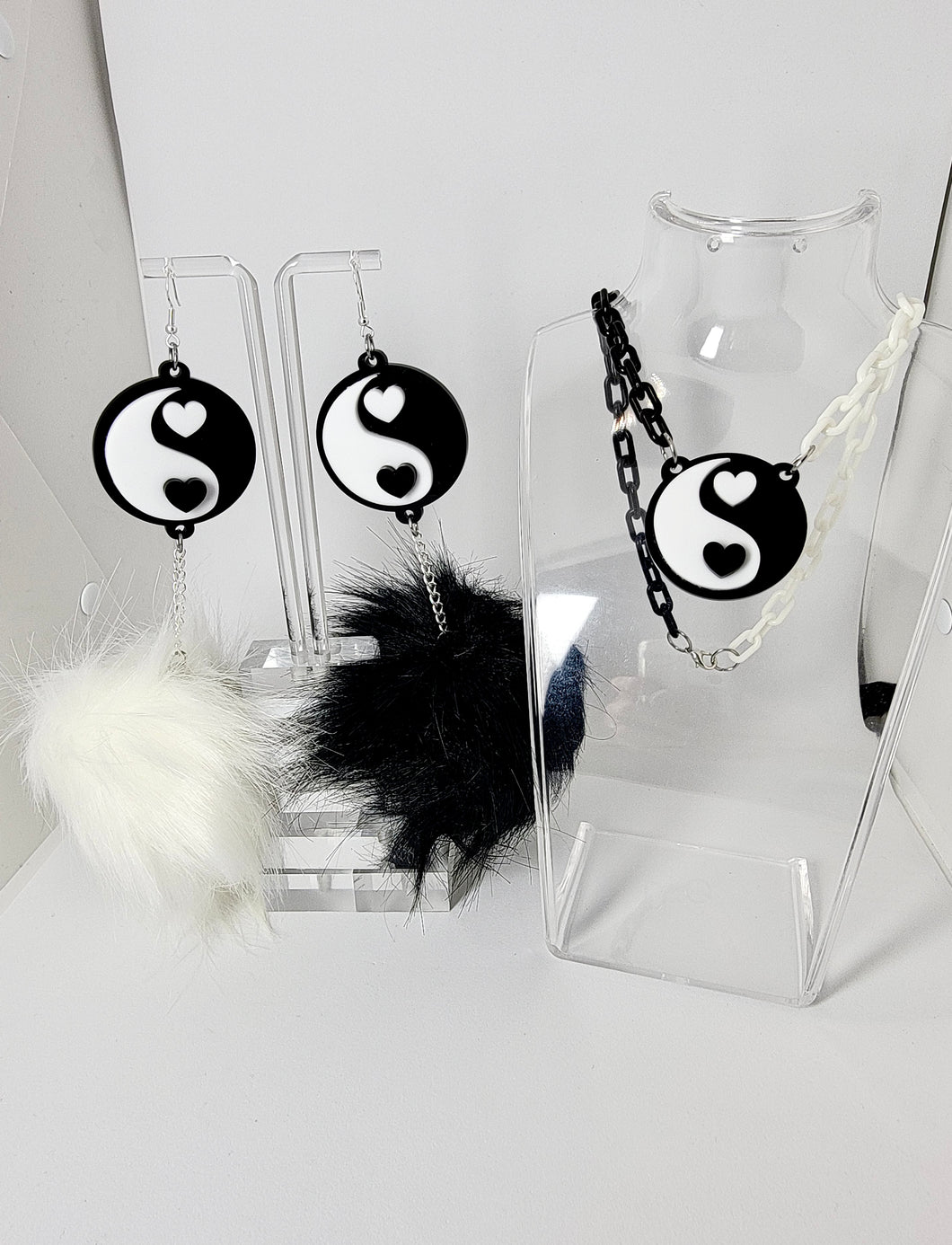 Yin-Yang Hearts Fluff Earrings and Necklace Set