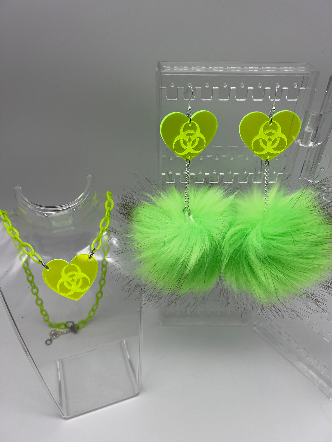 Toxic LUV 💚 UV Reactive Green Fluff Earrings and Necklace
