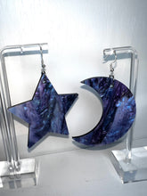 Load image into Gallery viewer, XL Star and Moon Purple Marble Galaxy Earrings
