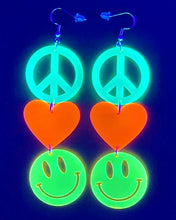 Load image into Gallery viewer, Peace, Love, and Happiness Earrings - Blacklight Reactive!
