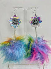 Load image into Gallery viewer, Smiley Daisy Trippy Rainbow Fluff Earrings

