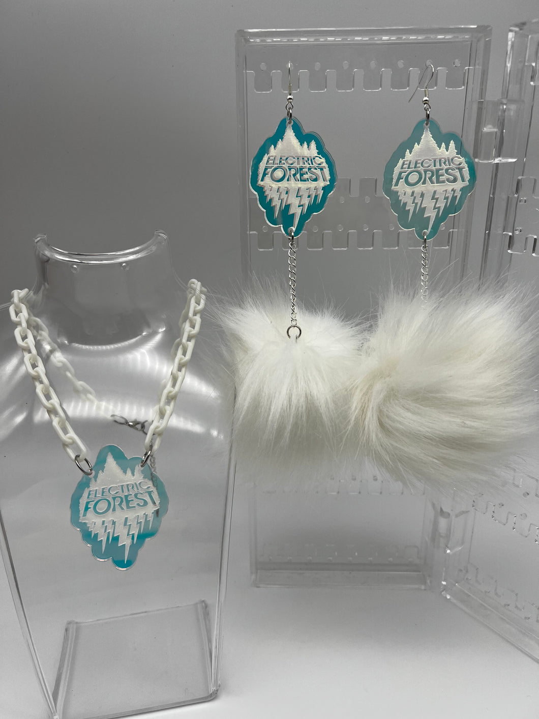 Electric Forest White Holographic Fluff Earrings and Necklace