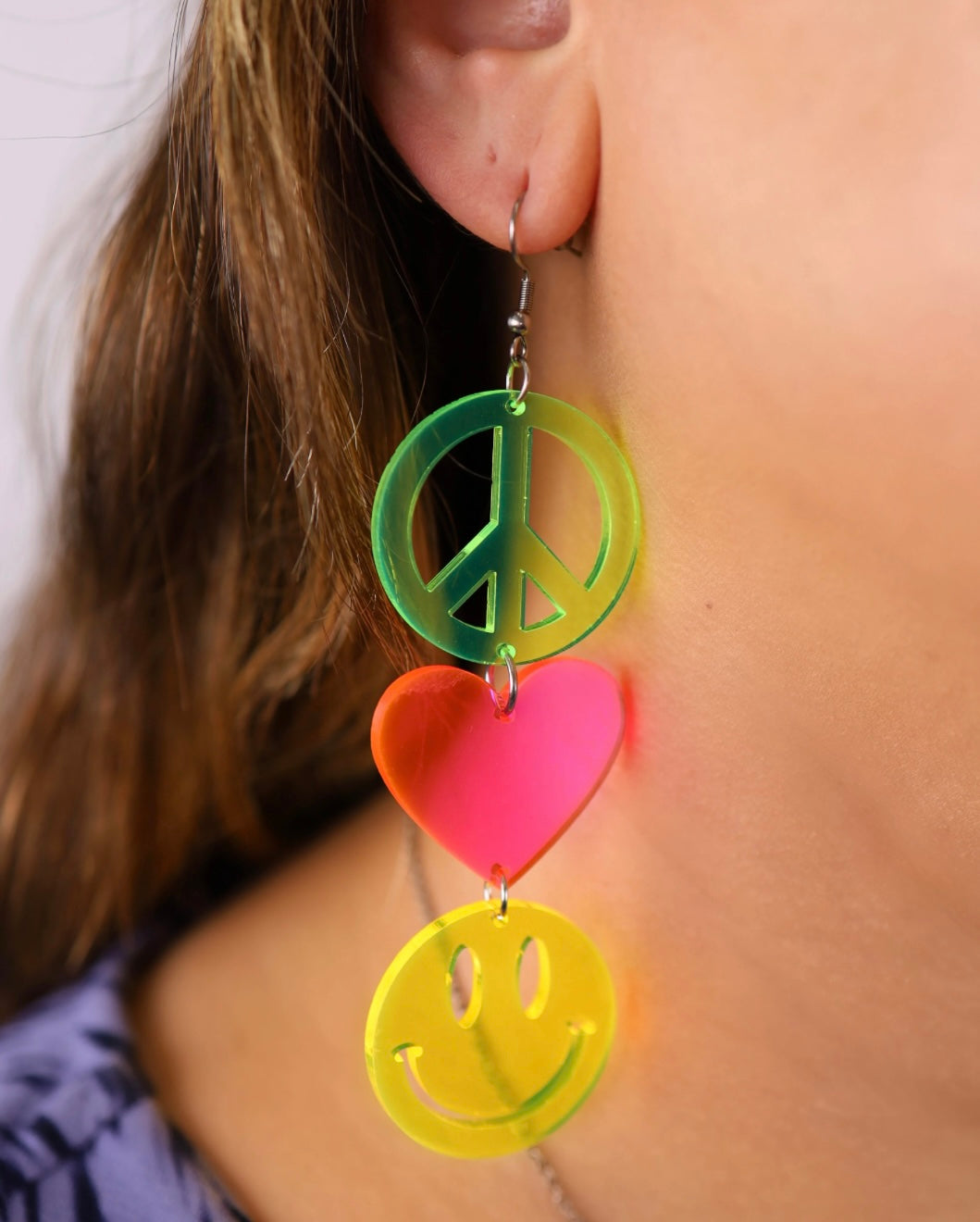 Peace, Love, and Happiness Earrings - Blacklight Reactive!