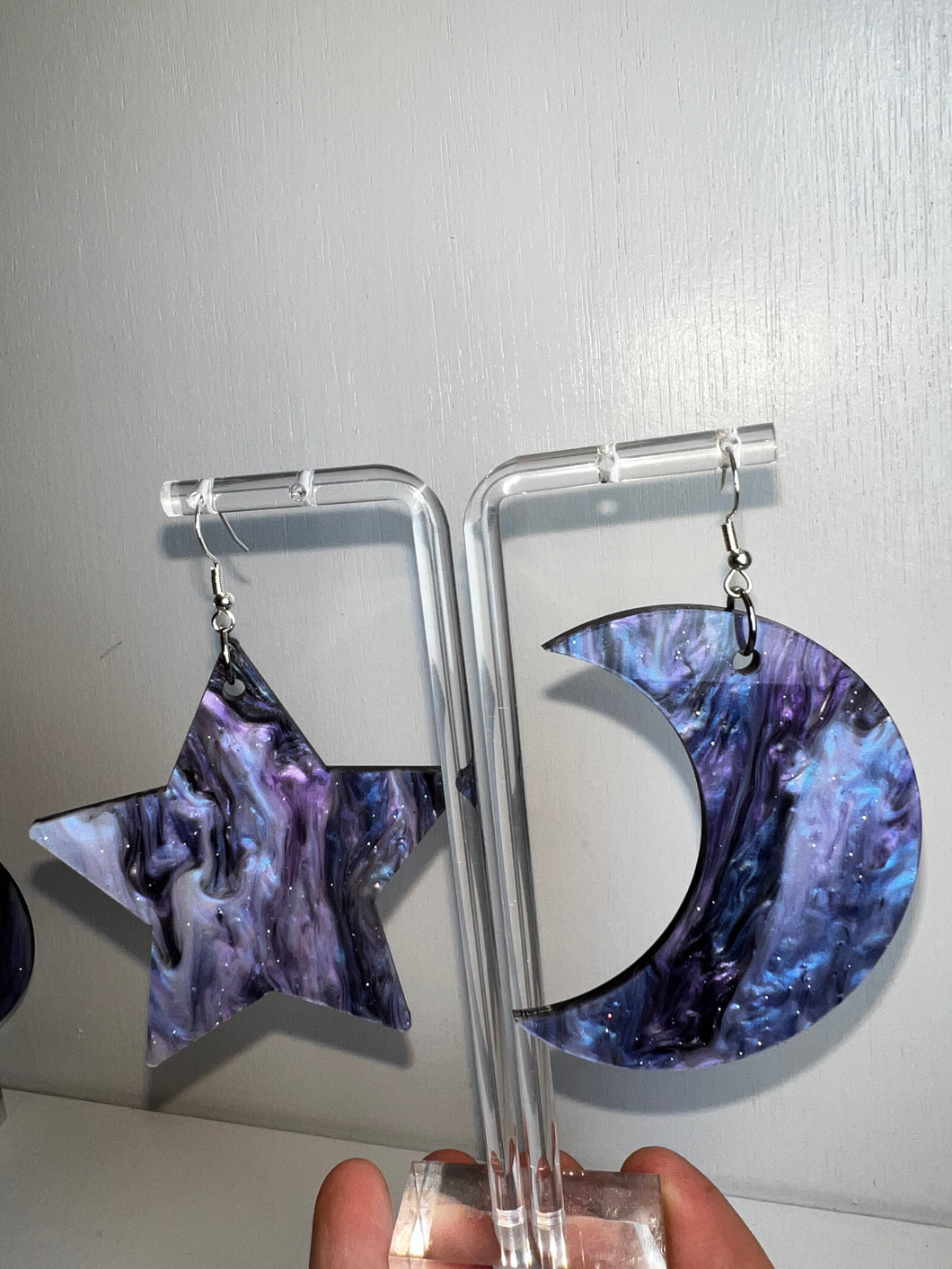 XL Star and Moon Purple Marble Galaxy Earrings