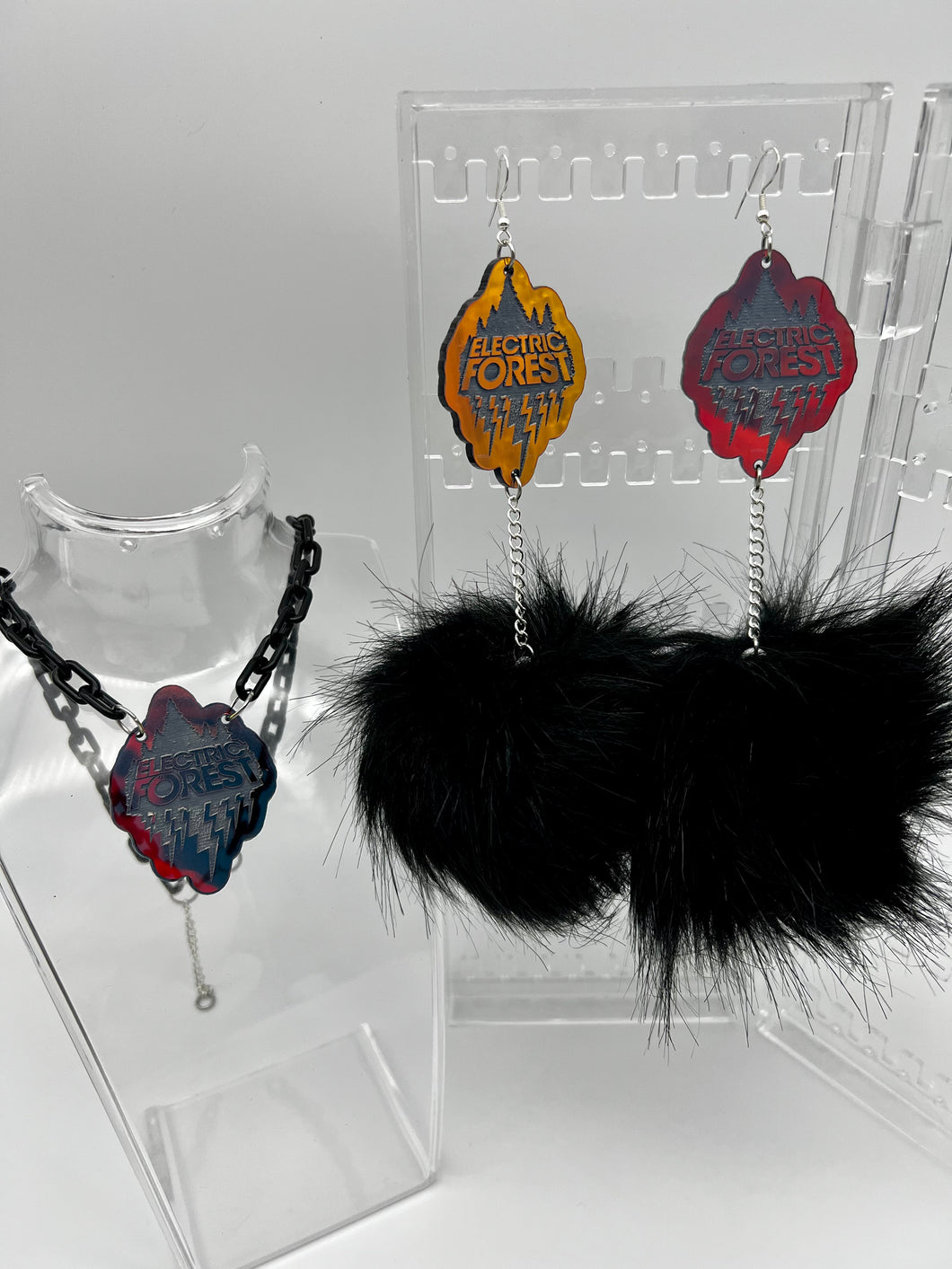 Electric Forest Black Holographic Fluff Earrings & Necklace