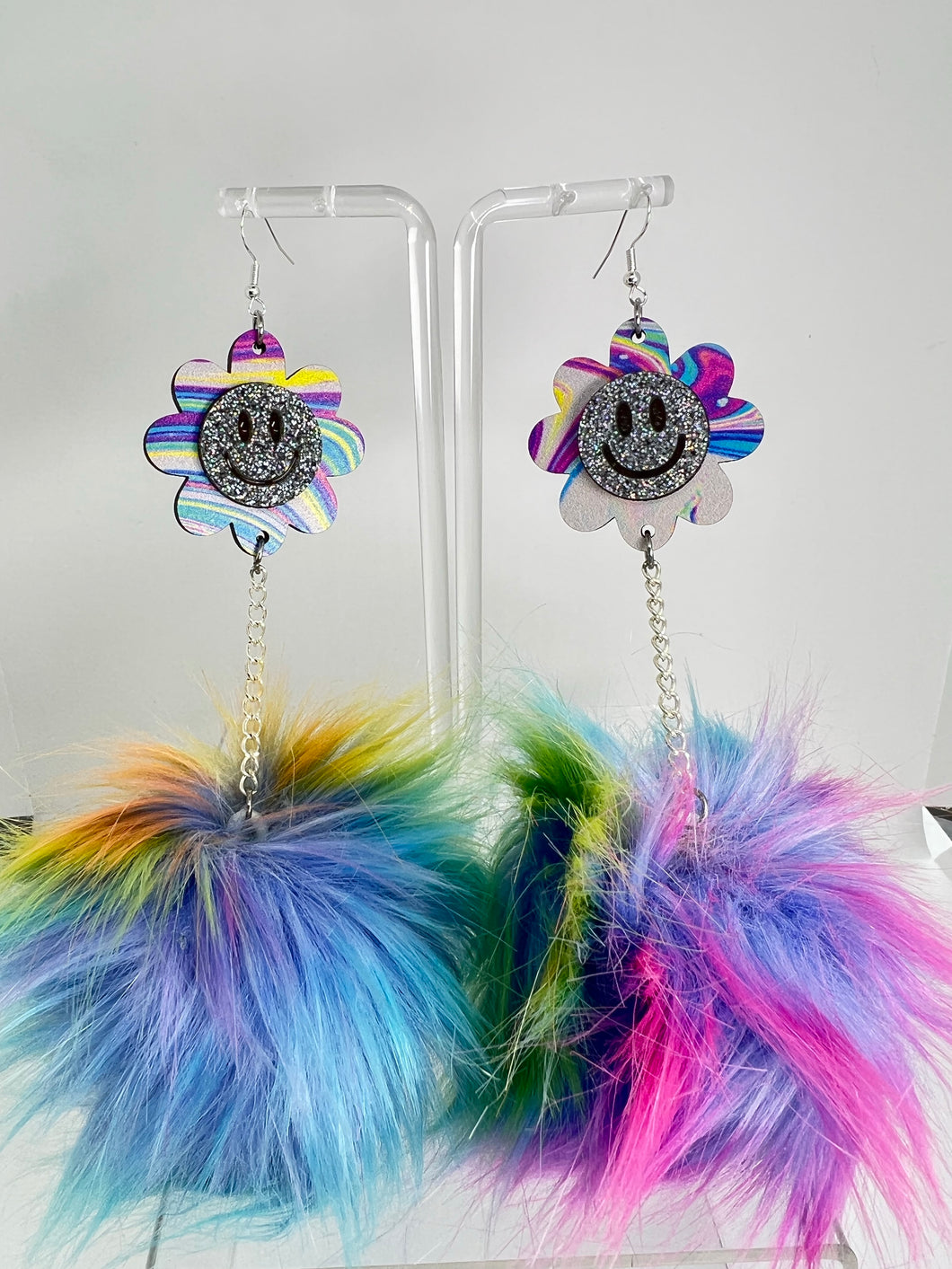 Smiley Daisy Trippy Rainbow Fluff Earrings
